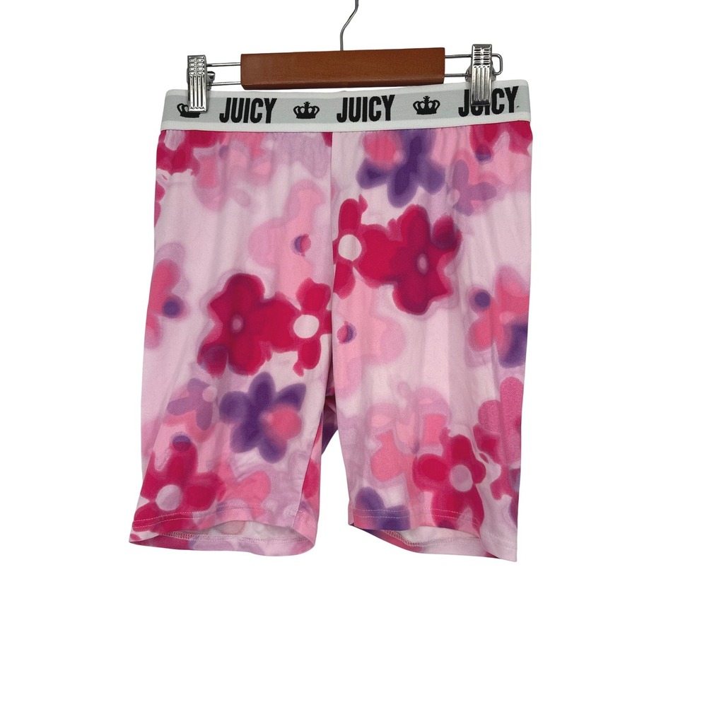 Juicy Couture Biker Shorts Women XS Pink Floral Logo Lounge Sleep Athleisure Gym